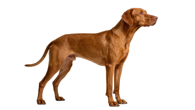 Elegant Vizsla dog with golden-brown coat standing alert, isolated on transparent background