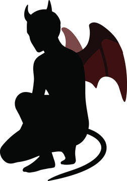 Seated Black Horned Demon Silhouette With Bat Wing and Long Tail