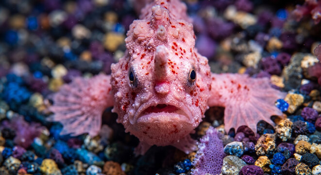 Front-facing macro portrait of a pink textured frogfish with speckled red markings on a colorful gravel seabed