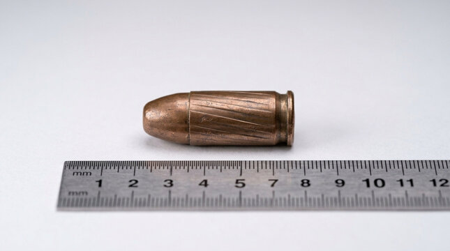 Copper Bullet Casing with Rifling Marks and Ruler Measurement on White Background