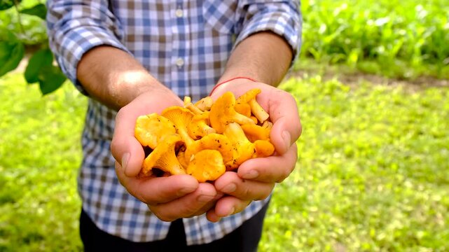 Wild mushrooms in a hand. Selective focus.