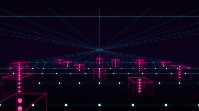Abstract futuristic data grid with glowing pink cubes and laser lines in dark digital space.