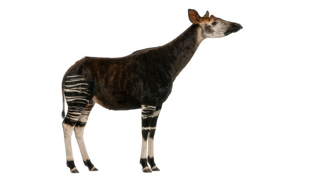 Okapi with zebra-like stripes on legs, isolated on transparent background