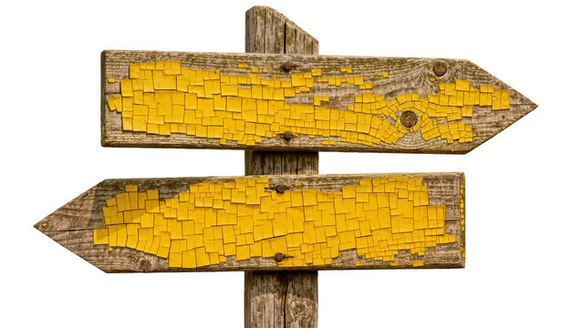 Weathered wooden directional signpost with peeling yellow paint, isolated on transparent background