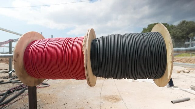 Two Cable Reels Unrolling in Slow Motion Industrial Footage