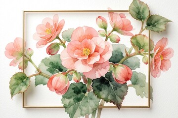 Fototapeta premium Watercolor painting of peach begonia flowers with green leaves. Floral botanical illustration features delicate blossoms inside gold square frame. Elegant spring garden art for wedding invitation