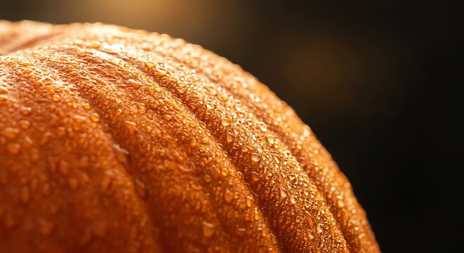 Close-up of a wet pumpkin surface with water droplets, textured rind