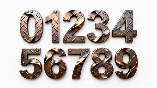 Complete set of 3D numerals 0 to 9, vintage worn diamond plate metal digits with rivets, white background, rough industrial typography