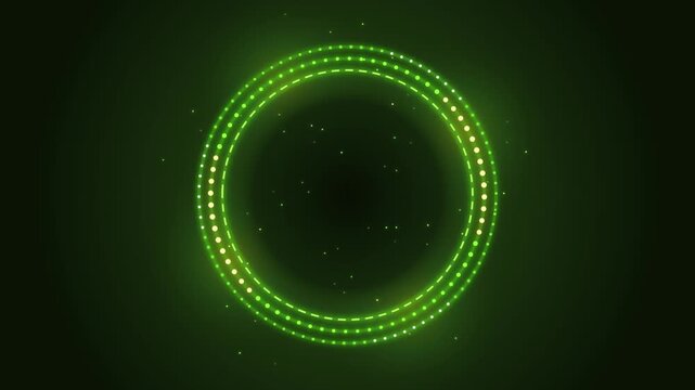 Abstract green glowing circle ring frame with digital particle light effects on dark background.