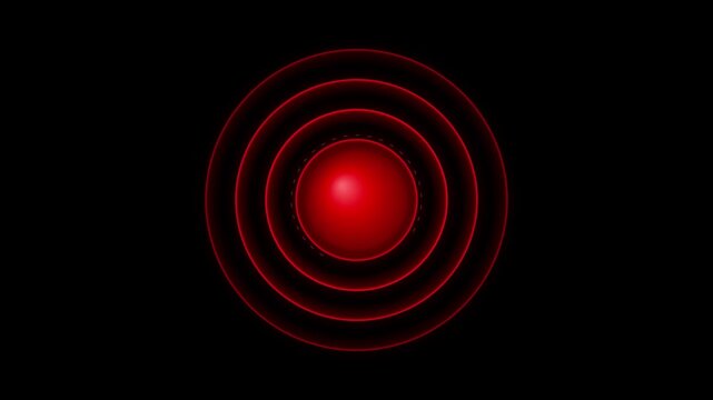 Pulsing red target sphere with concentric radar waves radiating on black background loop.