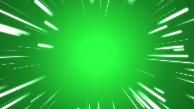 Speed lines motion graphics with glowing white streaks flying through green background space.