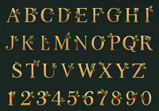 Festive Golden Alphabet And Numbers Font Set