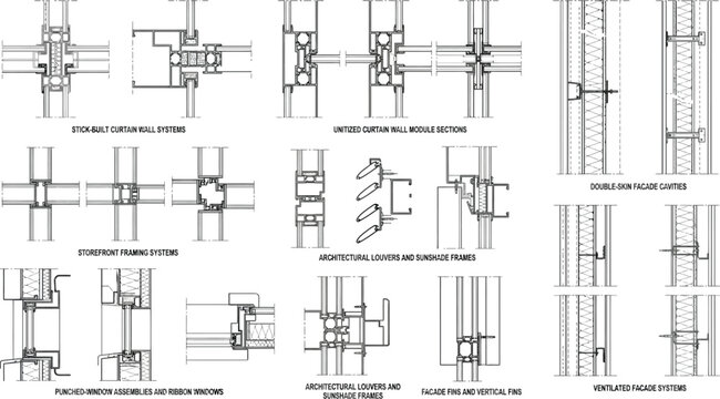 Architectural technical drawing showing wall section connection details with architectural