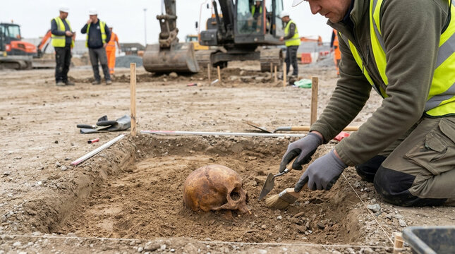 Archaeologist Unearths Human Skull During Excavation at Construction Site with Machinery