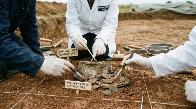 Archaeologists carefully excavating ancient artifacts from a dig site uncovering history