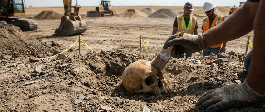 Archaeological Dig Excavator unearths human skull at construction site revealing ancient discovery