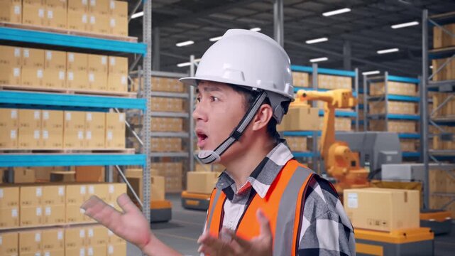 Close Up Side View Of Ondering Asian Male Engineer With Safety Helmet Saying Why Working Doubtfully in Automated Warehouse Robotic Arm Sorting Packages Logistics
