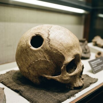 Ancient Human Skull with Trepanation Hole Displayed in Museum Exhibit
