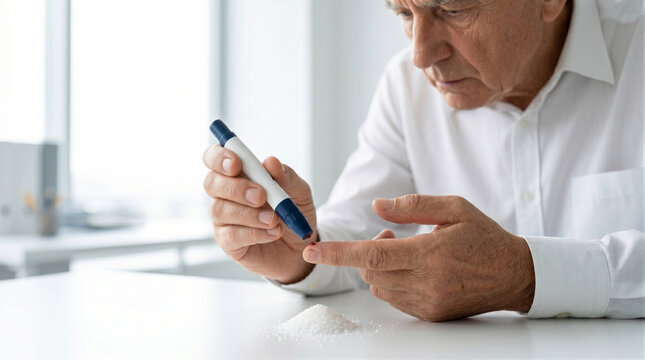 Elderly man measuring blood sugar level with glucometer lancet pen at home. Diabetes testing and glucose monitoring concept. Health care and disease prevention for senior people.