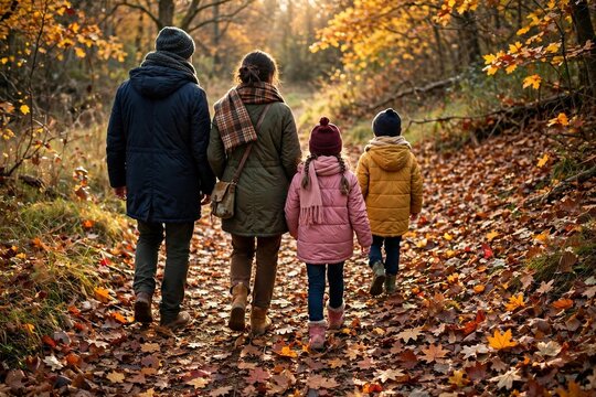Family walking together on a path covered with colorful autumn leaves after Thanksgiving dinner