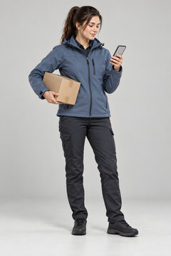 Female Courier Checking Delivery Route on Smartphone with Parcel