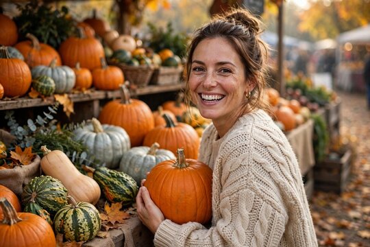 Smiling woman in a sweater holding a pumpkin at an autumn farmers market for Thanksgiving