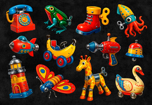Colorful Vintage Wind Up Toys Element Design Set