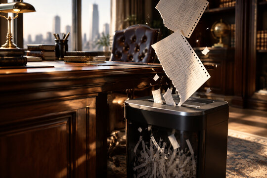 Opulent office desk with a paper shredder and torn ledger pages falling, rich wood textures.