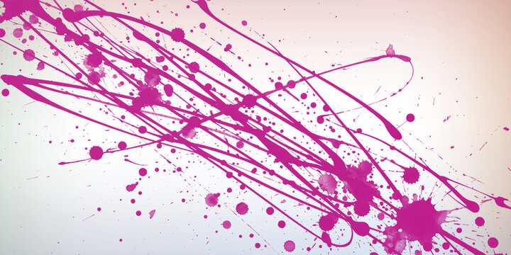 Dynamic pink paint splatter and ink drops on a soft gradient background