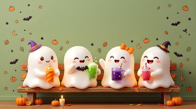 Cute cartoon ghosts enjoying colorful drinks and sitting together on a bench during autumn