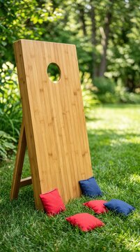 Handcrafted bamboo cornhole boards set up outdoors on grass for a rustic game day, complete with bean bags and natural light, sporting, natural materials, event