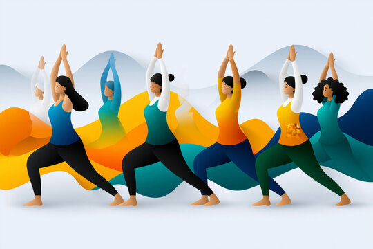 Illustration style, diverse yoga poses expressed through elegant geometric figures and fluid color transitions, clean white background, minimalist wellness concept, no logos, no watermark, rendered in