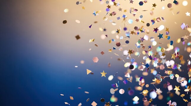 Festive colorful confetti falling against a gradient background