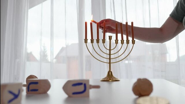 Hanukkah menorah lighting with gelt on a white table in a warm indoor scene