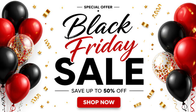 Black Friday Sale banner, poster or flyer design with black and red helium balloons on white background. Trendy modern design template for advertisement, social and fashion ads. Vector ... See More