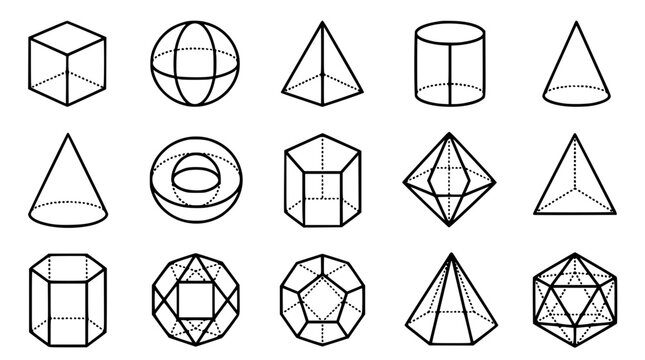 Three dimensional geometric shapes line icon set containing wireframe cubes, spheres, pyramids, cylinders, cones, and complex mathematical polyhedrons for education graphic designs