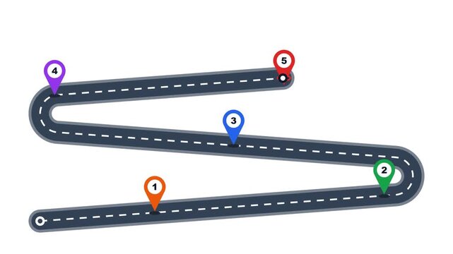 Zigzag switchback road with five colorful map pins on white