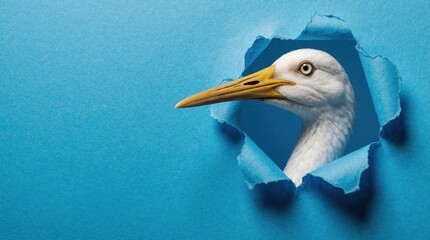 Fototapeta premium Cute white crane peeks through hole in blue paper wall. Bird with yellow beak looks out with curiosity. Small avian animal head appears from torn paper background. Minimalist nature portrait showing