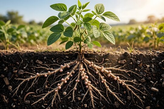 Soybean plant with roots and root nodules in soil cross section showing underground growth