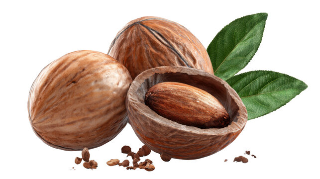 Whole nutmeg seeds with cracked open shell, green leaves and scattered spice crumbs, aromatic organic culinary baking spice ingredient on white background