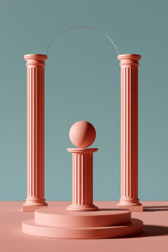 Coral sphere on column podium between fluted pillars and curved arch. Retro product display mockup with copy space. Y2K design template. Minimalist 3D illustration. Pastel geometric design.
