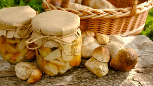 Preservation of chanterelle mushrooms in a jar. Selective focus.
