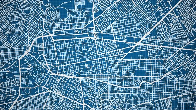 Ink reveal animation of Durango city, Mexico (M&eacute;xico) grid map. Aerial top view. Blueprint style. White lines with blue background. 4K Seamless loop.