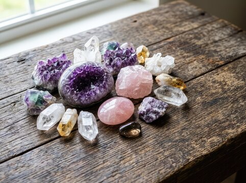 Various polished and raw healing stones like amethyst, quartz, and rose quartz, arranged on an old wooden surface for energy and meditation, crystal, light, vibration