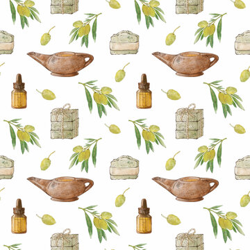 Watercolor seamless pattern with aromatherapy item on a white background, ideal for packaging, textiles, beauty, skin care and pharmacy branding. Hand drawn illustration