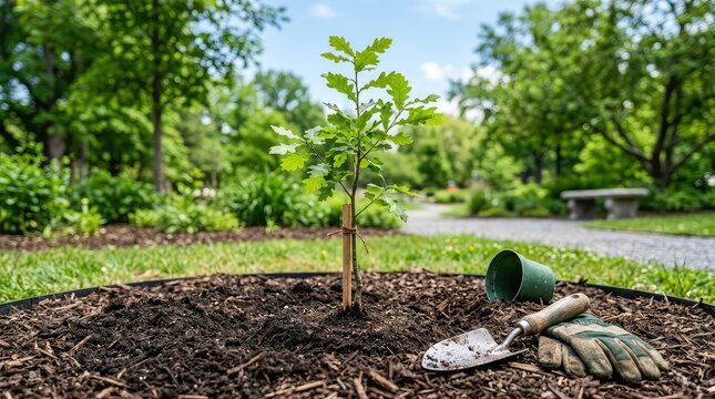 Volunteers work together to plant a young sapling in an urban park, revitalizing the environment with new green life and hope for the future, earth day, outdoors, hope