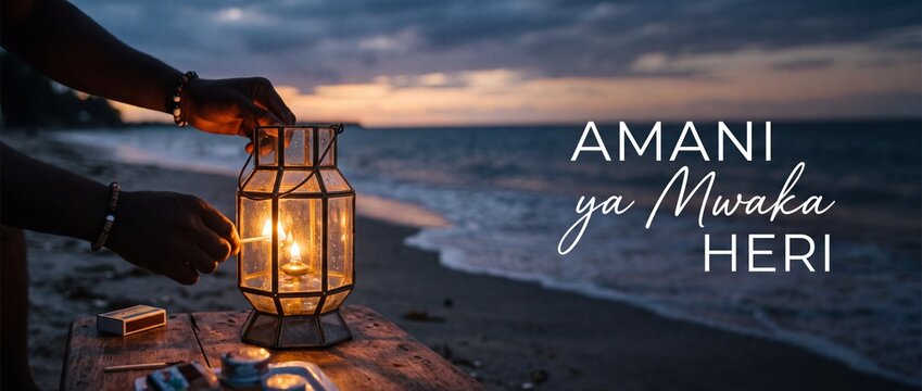 Person lighting vintage lantern on ocean beach at sunset dusk for Swahili happy new year holiday celebration with text Amani ya Mwaka Heri, peaceful evening atmosphere, serene tropical coastal scene.
