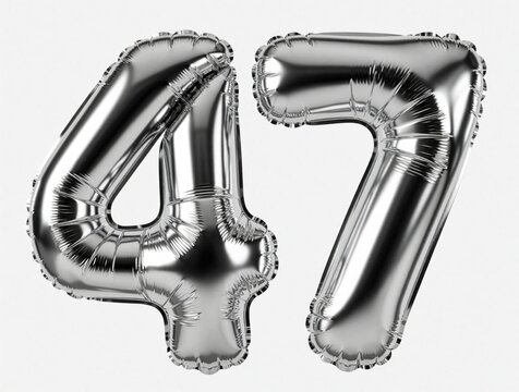 Silver metallic inflatable balloons forming number 47. Chrome helium digits isolated on white background. Shiny foil balloons represent age anniversary for forty seven birthday party decoration.
