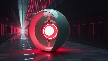 Fototapeta premium Futuristic tunnel features glowing sphere. Red light dominates scene, creating dramatic effect. Sleek design suggests technology, speed.