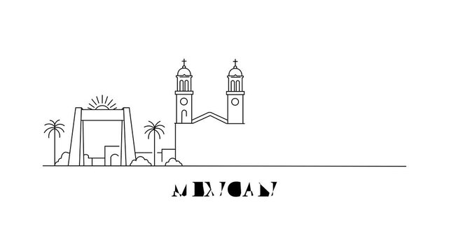 Line art outlines key landmarks of Mexicali, Mexico